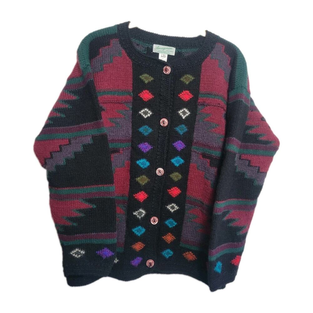 Amazonias CardiganBreckinridge Peru Hand Knit Alpaca Wool Aztec SW Size S Vintg